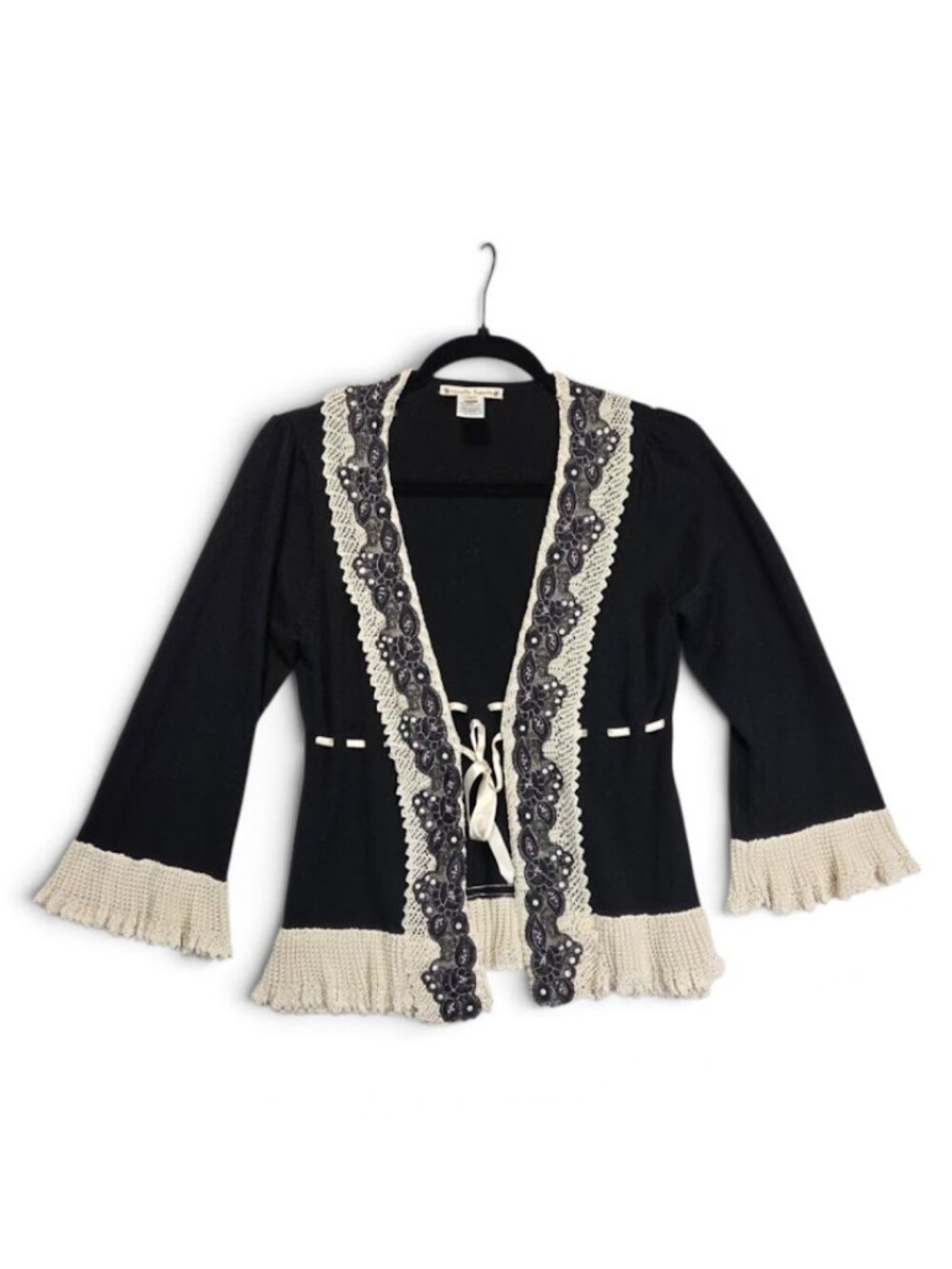 Nanette Lepore 100% Merino Wool Cardigan Sweater Lace Crochet Beaded Ribbon S
